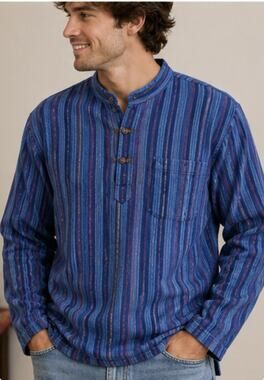 Kathmandu Imports Nepal Shirt Men’s XL Blue Striped Cotton Boho Festival